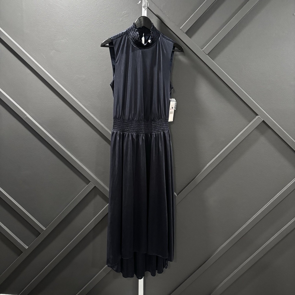 Nanette Lepore Navy Satin Smocked Waist High Low Midi Dress Size 10 NWT